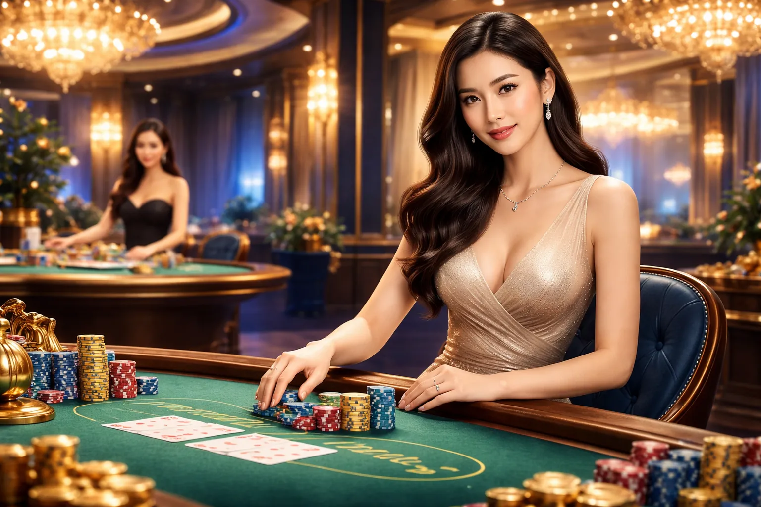 Bàn Baccarat sang trọng tại go8plus với các lá bài và chip cược